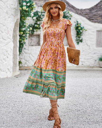 Floral Print V-Neck Ruffle Dress – Sleeveless Boho Beach Dress