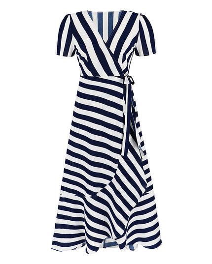 Women's Ice Silk Striped Maxi Dress – Slim Fit, Short Sleeve, 4 Colors