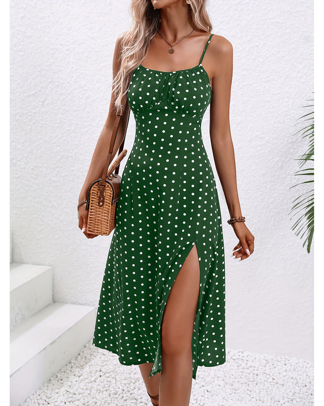 Polka Dot Suspender Maxi Dress – Flowy Split Summer Dress