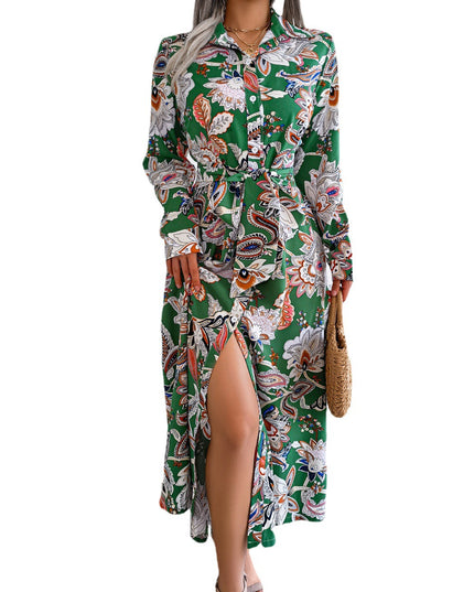 Women's Vintage Floral Tie-Up Shirt Dress – Lapel Collar, Long Sleeve, 3 Colors