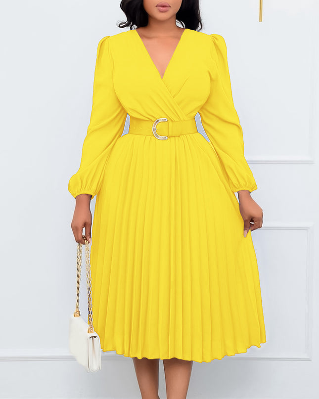 Long Sleeve V-Neck Pleated Midi Dress with Belt | High Waist Elegant Dress