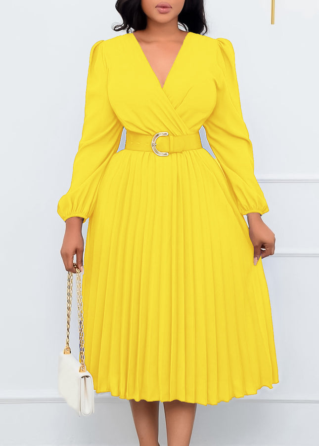 Long Sleeve V-Neck Pleated Midi Dress with Belt | High Waist Elegant Dress