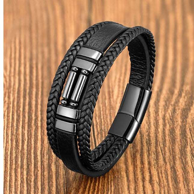 Stainless Steel Magnetic Buckle Tiger's Eye Leather Bracelet