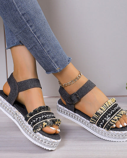 Women's Tassel Denim Flat Sandals – Thick Sole, Buckle Closure, Boho Style, 2 Colors, US 6–11