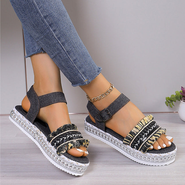 Women's Tassel Denim Flat Sandals – Thick Sole, Buckle Closure, Boho Style, 2 Colors, US 6–11