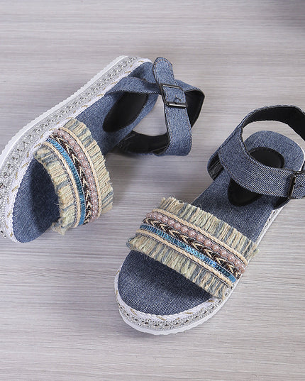 Women's Tassel Denim Flat Sandals – Thick Sole, Buckle Closure, Boho Style, 2 Colors, US 6–11