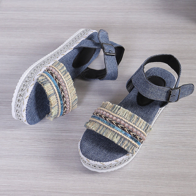 Women's Tassel Denim Flat Sandals – Thick Sole, Buckle Closure, Boho Style, 2 Colors, US 6–11