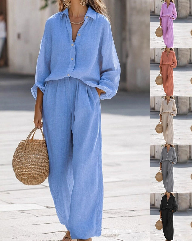 Women's Casual Lapel Long-Sleeve Shirt & Trousers Two-Piece Set – 6 Colors, S–3XL