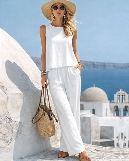 Women's Casual Cotton-Linen Tank Top & Wide-Leg Pants Set