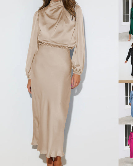 Satin Halter Neck Midi Dress – Lantern Sleeve Formal Evening Dress