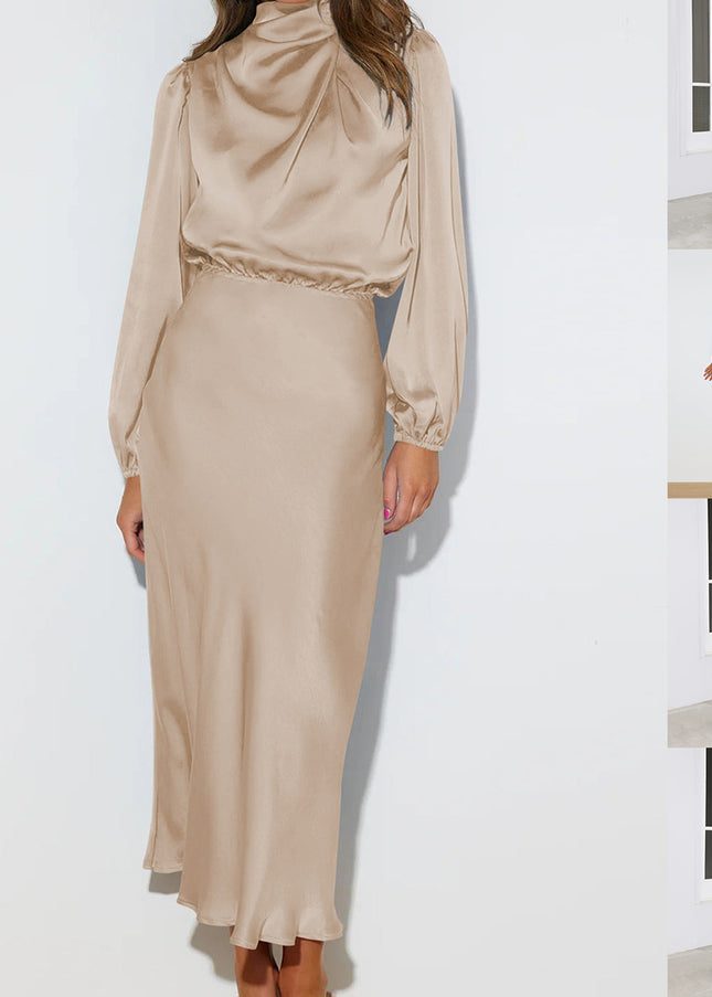 Satin Halter Neck Midi Dress – Lantern Sleeve Formal Evening Dress