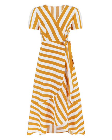 Women's Ice Silk Striped Maxi Dress – Slim Fit, Short Sleeve, 4 Colors