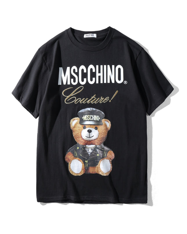 Teddy Bear Graphic Couple Short-Sleeve T-Shirt – White & Black, XXS–M