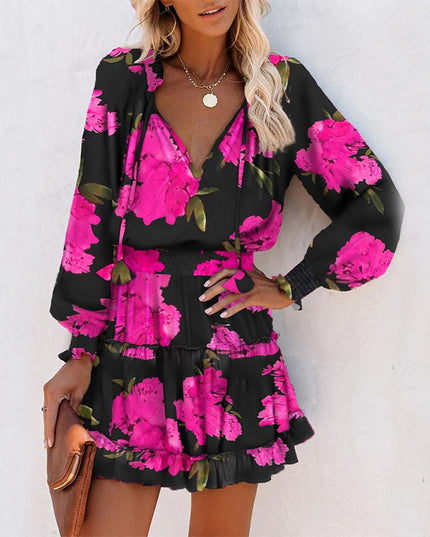 Women's Floral & Leopard Print Puff Sleeve Waist-Tie Dress