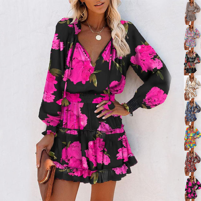 Women's Floral & Leopard Print Puff Sleeve Waist-Tie Dress