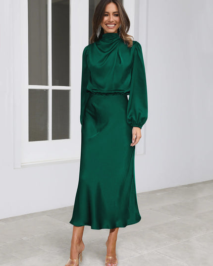 Satin Halter Neck Midi Dress – Lantern Sleeve Formal Evening Dress