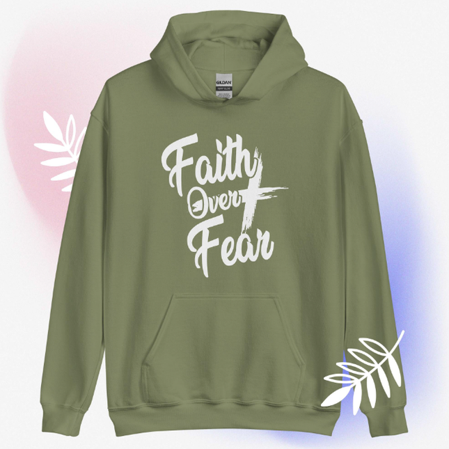 "Faith Over Fear" Christian Graphic Hoodie – Army Green & Blue, Sizes XS–4XL