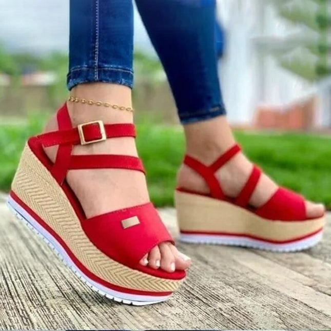 Women's Fish Mouth Wedge Sandals – Suede Upper, Red & Blue, EU 35–43