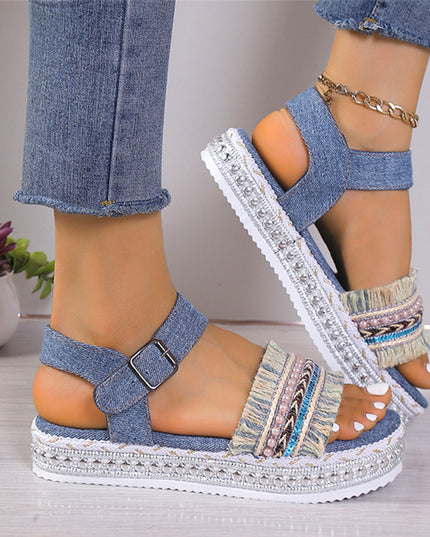 Women's Tassel Denim Flat Sandals – Thick Sole, Buckle Closure, Boho Style, 2 Colors, US 6–11