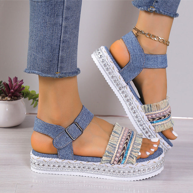 Women's Tassel Denim Flat Sandals – Thick Sole, Buckle Closure, Boho Style, 2 Colors, US 6–11
