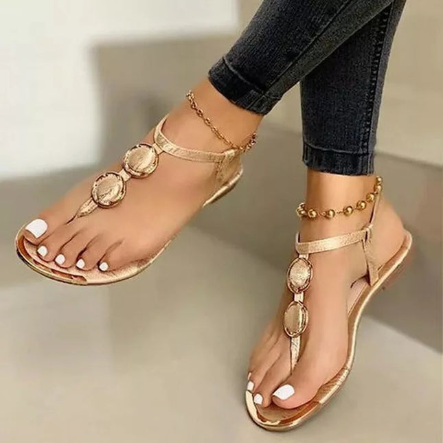 Women's Metal Buckle Flat Sandals – Round Toe, Euro-American Style, 3 Colors, US 6–12