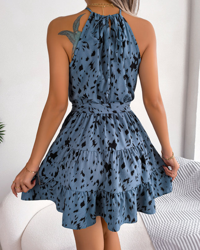 Leopard Print Ruffle Swing Dress – Halter Neck Chiffon Mini Dress