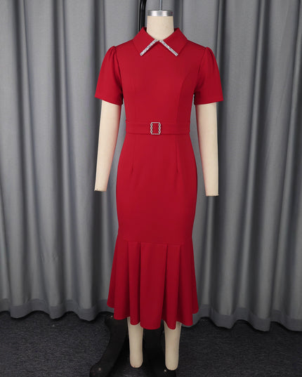 Women's Elegant High-Waist Short Sleeve Midi Dress