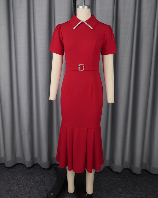 Women's Elegant High-Waist Short Sleeve Midi Dress