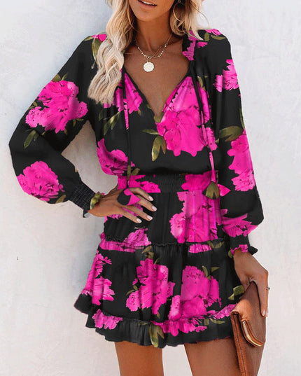 Women's Floral & Leopard Print Puff Sleeve Waist-Tie Dress