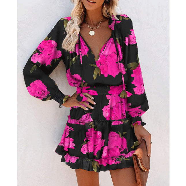 Women's Floral & Leopard Print Puff Sleeve Waist-Tie Dress