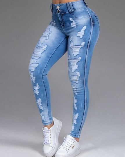 Women's Ripped Stretch Straight-Leg Jeans – Mid-Waist, 4 Colors, S–6XL