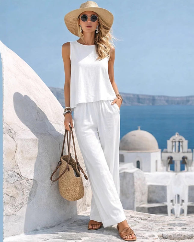 Women's Casual Cotton-Linen Tank Top & Wide-Leg Pants Set
