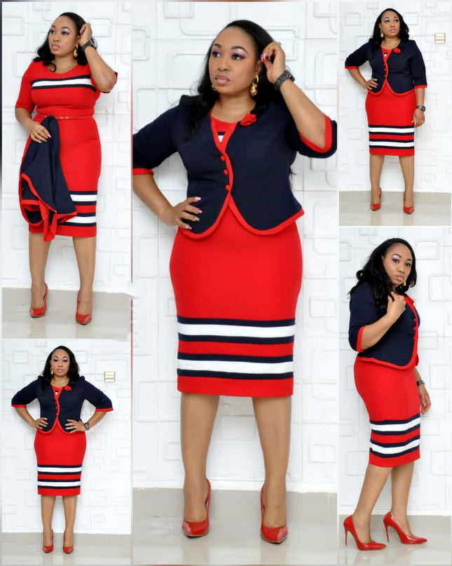 Women's Plus Size Striped Print Long Sleeve Skirt Suit