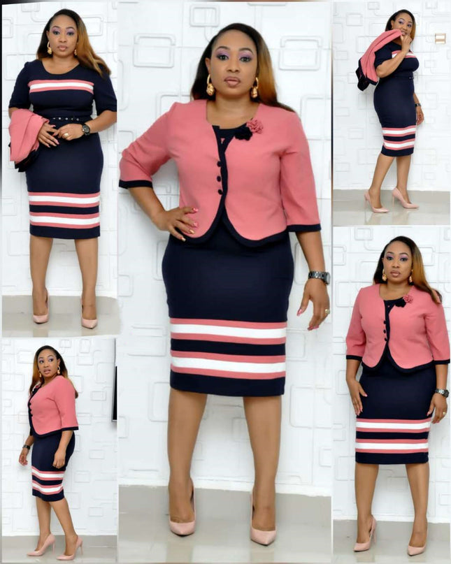 Women's Plus Size Striped Print Long Sleeve Skirt Suit