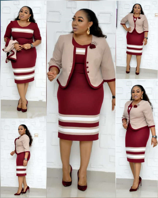 Women's Plus Size Striped Print Long Sleeve Skirt Suit