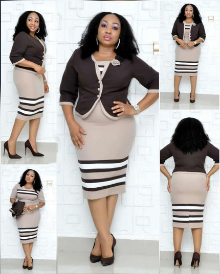 Women's Plus Size Striped Print Long Sleeve Skirt Suit