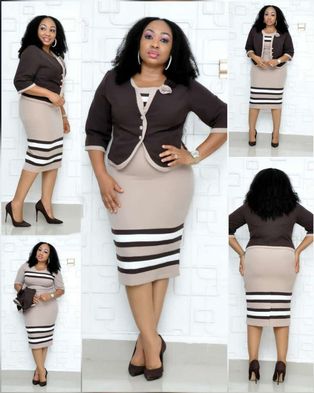 Women's Plus Size Striped Print Long Sleeve Skirt Suit
