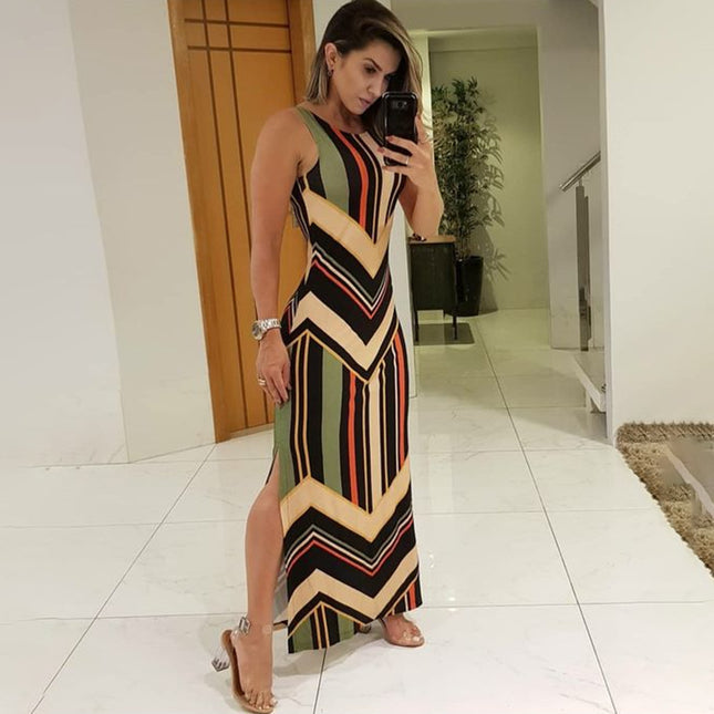 Colorblock Striped Maxi Dress – Side Slit Sleeveless Long Dress