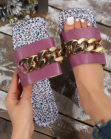 Women's Chain Detail Flat Slippers – Summer Sandals in Black, Green & Purple