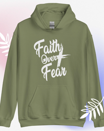 "Faith Over Fear" Christian Graphic Hoodie – Army Green & Blue, Sizes XS–4XL