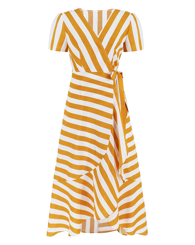 Women's Ice Silk Striped Maxi Dress – Slim Fit, Short Sleeve, 4 Colors
