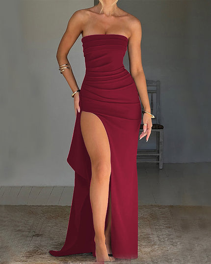 Strapless Backless Maxi Dress – Pleated A-Line Split Gown