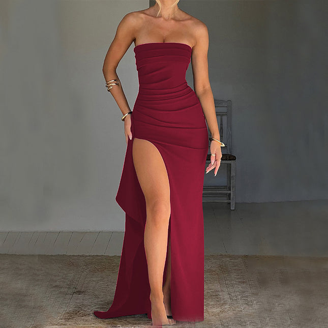 Strapless Backless Maxi Dress – Pleated A-Line Split Gown