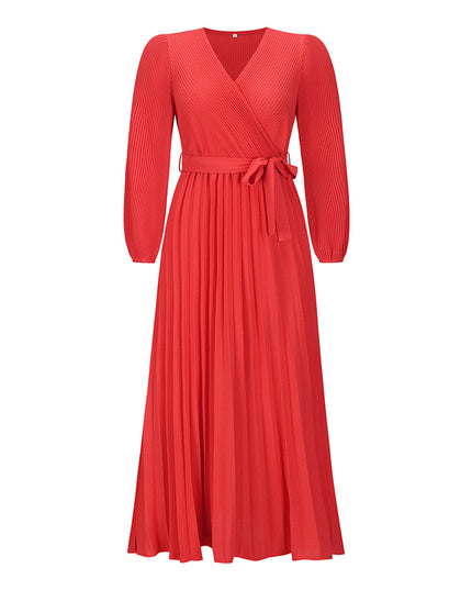 Women's V-Neck Long Sleeve Pleated A-Line Dress – Ice Silk, 5 Colors, S–XXL
