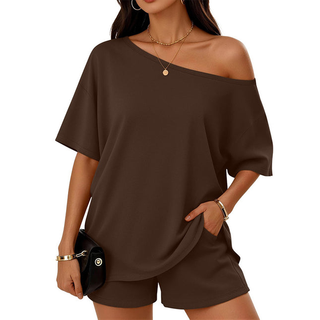 Women's Drop-Shoulder Slant-Neck Top & Shorts Set
