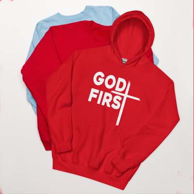 "God First" Christian Unisex Hoodie – 4 Colors, Sizes S–3XL
