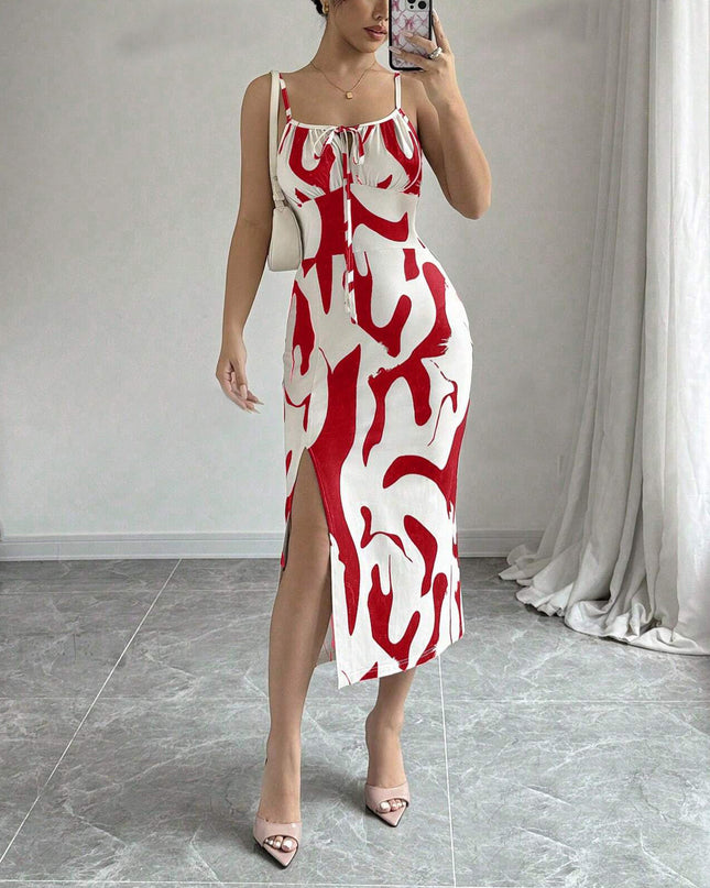 Printed Lace-Up Split Midi Dress