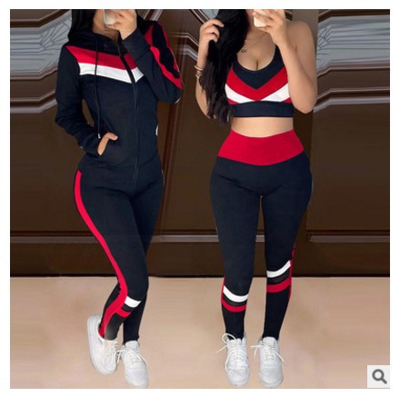 Women's 3-Piece Striped Casual Hoodie Set – Bra, Coat & Pants | 5 Colors, S–XL