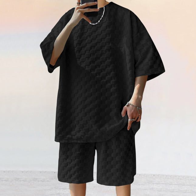 Men's Jacquard Plaid Casual Shorts Suit – Loose Fit 2-Piece Set | 4 Colors | S–XXXL