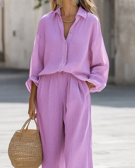 Women's Casual Lapel Long-Sleeve Shirt & Trousers Two-Piece Set – 6 Colors, S–3XL